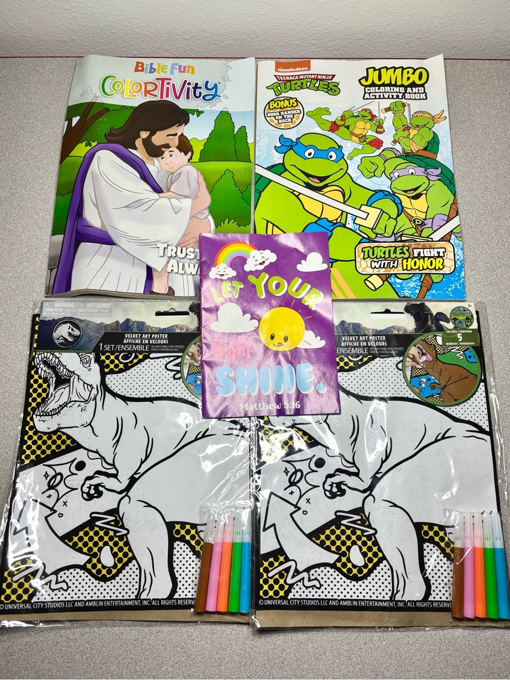 Kids Coloring Bundle 5pcs - TMNT Jumbo Book + 2 Jurassic World Posters + Markers